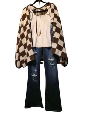 Chunky Checkered Cardigan Sweater - Brown and Cream